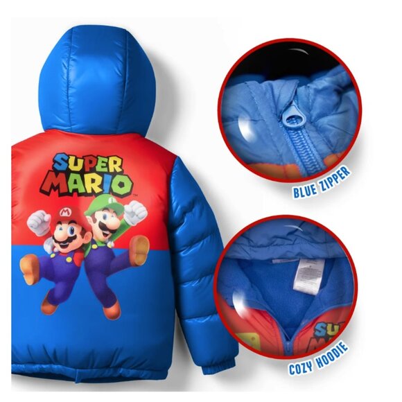 Nintendo Super Mario Bros Boy Winter Puffer Jacket Mario Kart Graphic Print 8 - Picture 5 of 6